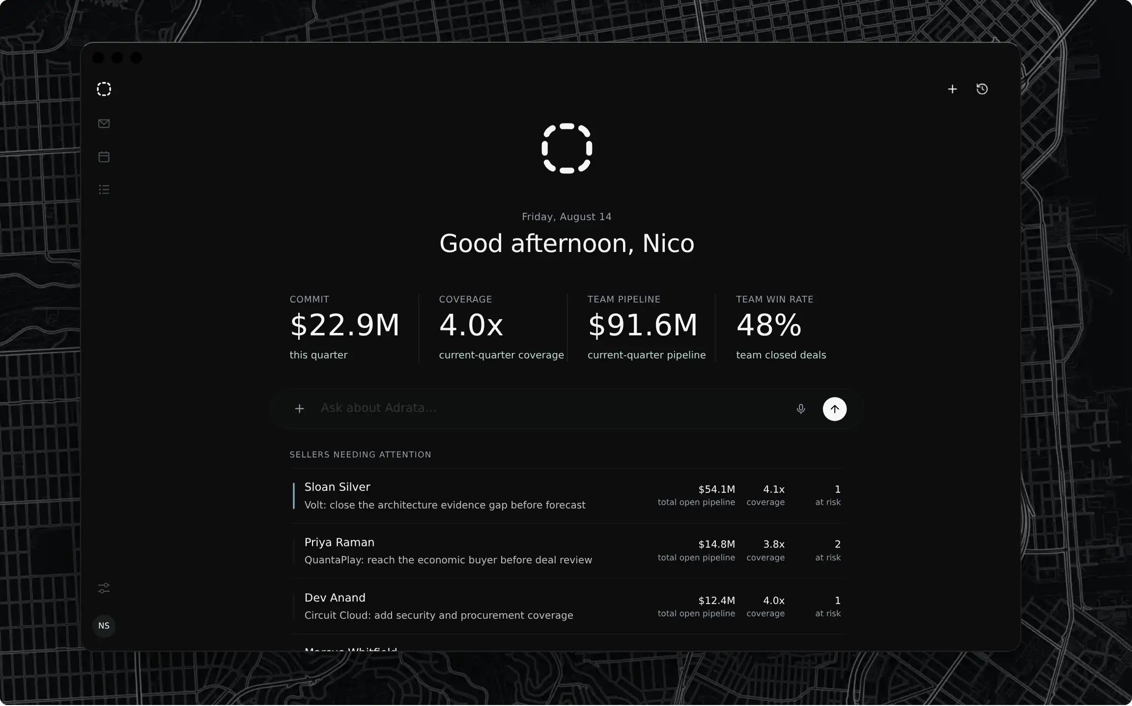The Starfield workspace: revenue leader Nico Sylvester’s team — $22.9M current-quarter commit, $91.6M current-quarter pipeline, 4.0x coverage, a 48% team win rate, and today’s leadership priorities